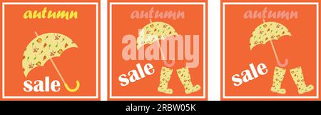 Regenschirm und Gummistiefel mit Muster, Herbst, Verkauf, Retro Stock Vektor