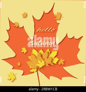 Herbstblätter. Ahornblatt. Grußkarte im Papierstil Hallo Herbst Stock Vektor