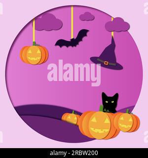 halloween-Karte im Stil von ausgeschnittenem Papier, schwarzer Katze und Kürbis-Hexenmütze Stock Vektor