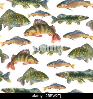 Aquarell-Illustration, nahtloses Muster mit frischen Fischen, Barsch, Hecht, Kreuzfisch, Karpfen, Graues Tier isoliert auf weißem Hintergrund Stockfoto
