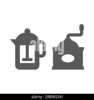 Retro-Kaffeemühle und Symbole für French Press. Oldtimer-Kaffeemaschine und Mühlenvektor-Symbolset. Stock Vektor