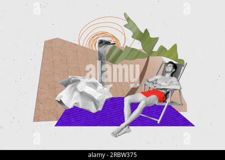 Kreative Malcollage Bild eines jungen Mannes Sit Chaise Lounge Palm Beach australien Strauß exotische Reise Wochenende Comics minimal Stockfoto