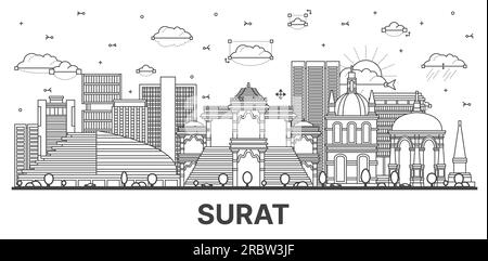 Umreißen Sie die Skyline von Surat India City mit modernen und historischen Gebäuden, isoliert auf Weiß. Vektordarstellung. Surat Stadtlandschaft mit Wahrzeichen. Stock Vektor