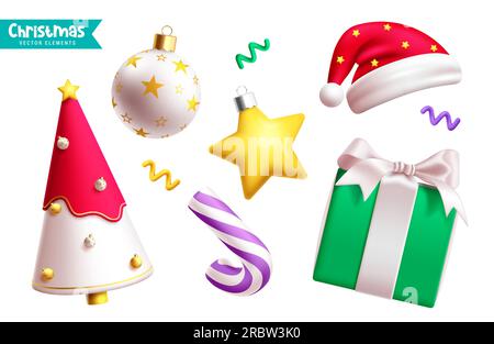 Weihnachtselemente mit Vektordesign. Weihnachtsgeschenk, Hut, Stern und Weihnachtsbaum Dekorationselemente. Vektordarstellung saisonaler Partyelemente Stock Vektor