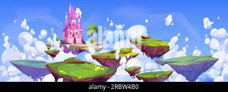 Fantasy Castle auf einer schwimmenden Insel in Sky Cartoon Landschaft. Magisches Märchen im fliegenden Königsturm in der Fantasie-Himmel-Traumszene. Sommerliches Grün und Felslandschaft mit UI-Spielvektor auf der Felsbroscheplattform Stock Vektor