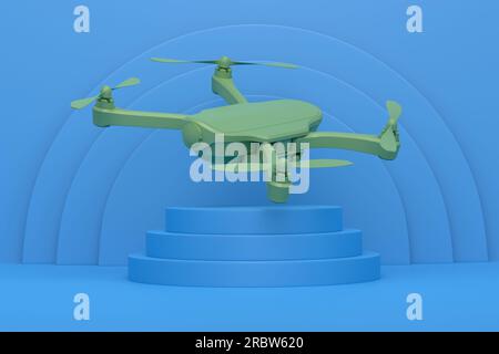 Abstrakte Szene oder Podium mit Drohne oder Quad-Hubschrauber mit Action-Kamera auf einfarbigem Hintergrund. 3D-Rendering der Szene für Produktpräsentation Personal A Stockfoto