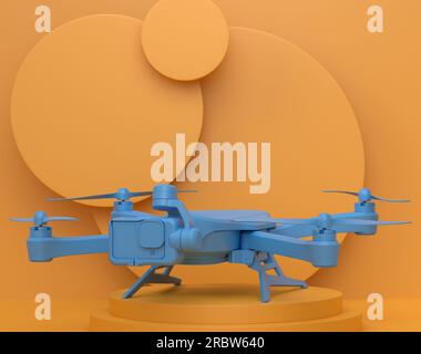 Abstrakte Szene oder Podium mit Drohne oder Quad-Hubschrauber mit Action-Kamera auf einfarbigem Hintergrund. 3D-Rendering der Szene für Produktpräsentation Personal A Stockfoto