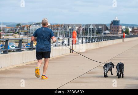 Jogging oder Joggen auf dem Flussweg mit 2 Hunden für morgendliches Training, im Sommer in England, Großbritannien. Stockfoto