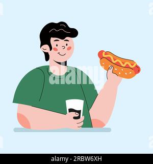 Der Typ isst Hot Dog mit Cola-Figur im Cartoon-Stil Stock Vektor