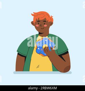 Ein Typ, der Donut-Charakter im Cartoon-Stil isst Stock Vektor