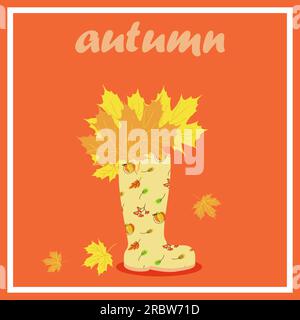 Niedliche Gummistiefel im Vintage-Stil mit einem Strauß gelber und orangefarbener Ahornblätter Stock Vektor