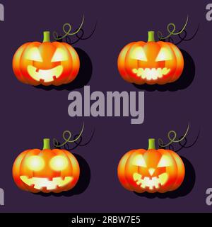 Vier Kürbisse für den halloween-Urlaub, die verschiedene finstere Lächeln und glühende Augen haben Stock Vektor