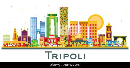 Die Skyline von Tripolis Libyen mit farbigen Gebäuden, isoliert auf Weiß. Vektordarstellung. Business Travel and Tourism Concept mit historischen Gebäuden. Stock Vektor