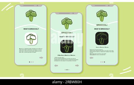 Farbige Symbole gesunder Lebensmittel auf dem Smartphone-Bildschirm in der Anwendung Brokkoli, Pfeffer, Gurke, Tomatenzwiebel Stock Vektor