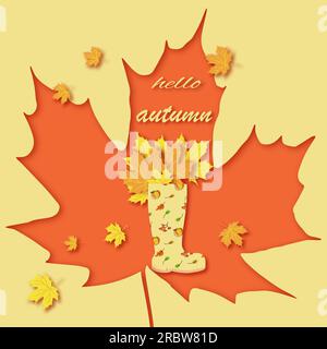 Eine Postkarte im Stil von geschnittenem Papier, ein Strauß von farbigen Blättern in einem Stiefel Stock Vektor