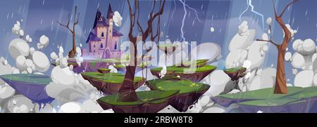 Cartoon-Regenspiel-Hintergrund mit Fantasy Castle. Unheimliche halloween-Landschaft mit Gewitter und Blitzen über der schwimmenden Felseninsel am Himmel. Gruseliges magisches dracula-Schloss mit Turm bei düsterem Wetter Stock Vektor