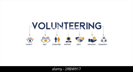 Banner des Volunteer Volunteer Volunteering Vektor-Konzept Illustration mit Symbol der Nächstenliebe, Hilfe, zusammen, Unterstützung, Einheit, Spenden und Gemeinschaft Stock Vektor