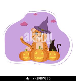 Der süße Tiger mit Hexenhut feiert Halloween. Es gibt unheimliche Kürbisse und eine schwarze Katze in der Nähe. Es gibt dunkle Wolken. Stock Vektor