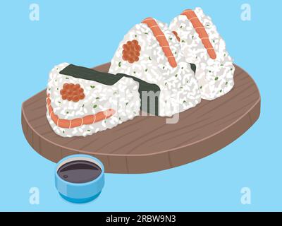 Set Onigiri mit Lachs, rotem Kaviar und Sojasoße Stock Vektor