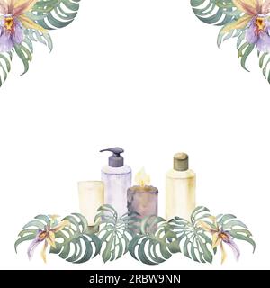 Handgezeichnete, wasserfarbene Spa-Hautpflegeprodukte mit Blumen und Blättern. Rahmenrahmen. Isoliert auf weißem Hintergrund. Design für Stockfoto