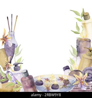 Handgezeichnete, wasserfarbene Spa-Hautpflegeprodukte mit Blumen und Blättern. Rahmenrahmen. Isoliert auf weißem Hintergrund. Design für Stockfoto