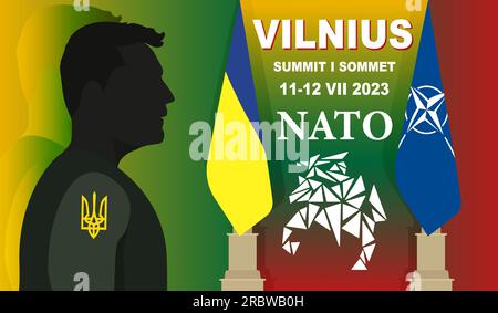 11., 12. Juli 2023 der ukrainische Präsident Wolodymyr Zelenskyy sieht sich das Logo des NATO-Gipfels an, der in Vilnius stattfinden wird Stock Vektor