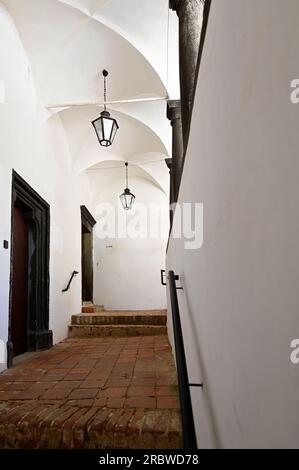 Schallaburg, Niederösterreich, Österreich. 04. Juli 2023. Teilblick auf den großen Innenhof der Arkade im Schloss Schallaburg Stockfoto