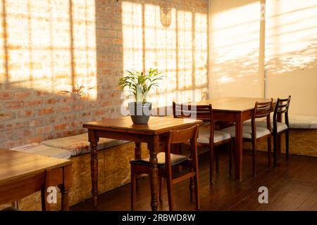 Nahaufnahme von Tischen und Stühlen im sonnigen Café Stockfoto