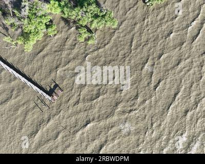 Luftblick auf grüne Mangrovenbäume, Holzbrücke und Meerwasser. Keine Nettoemissionen. Natürliche Kohlenstoffsenken. Mangrovenbäume fangen CO2. Blauer Kohlenstoff Eco Stockfoto