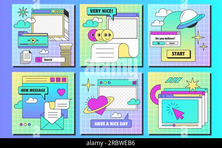 Schablone für IG-Säulen mit retrolinearer Vaporwave-Technologie im Y2K-Stil. Eine Reihe von klassischen Browserfenstern mit ästhetischen Elementen der Benutzeroberfläche und Aufklebern für soziale Medien. Abbildung eines flachen Vektors. Stock Vektor