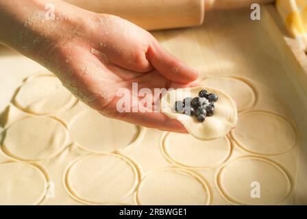 Schritt für Schritt zu Hause Blaubeerknödel pierogi varenky machen. Zubereitung von traditionellem Sommerpolitur oder ukrainischem Gericht mit Mehl und Früchten Stockfoto