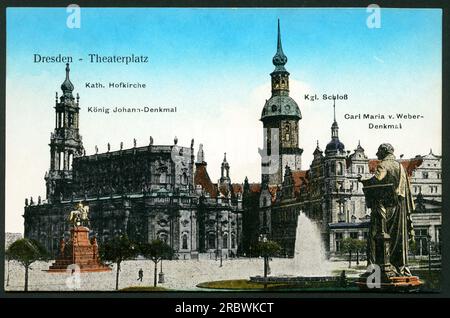 Europa, Deutschland, Sachsen, Dresden, Theaterplatz mit Hofkirche und Schloß, Postkarte, versendet 1914, Rechte werden nicht vertreten. / Europa, Deutschland, Sachsen, Dresden, der Theaterplatz mit der Burgkirche und dem Schloss, es gibt auch zwei Denkmäler für König Johann und Carl Maria von Weber, Postkarte, geschickt 1914 , es gibt keine Rechte . Stockfoto