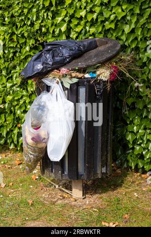 Überlaufender Abfalleimer im Freien mit Müllsäcken, umgeben von grüner Hecke, großbritannien Stockfoto