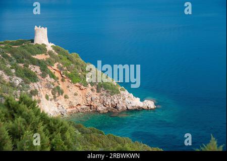 Torre del Buru, Capo Caccia, Baia di Porto Conte, Alghero, Sardinien, Italien, Europa Stockfoto