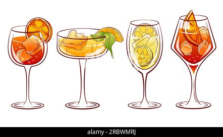 Alkoholische Sommercocktail-Sammlung aperol, Limoncello, hugo, Campari Spritz. Alkoholische Cocktails. Vektordarstellung isoliert auf einem weißen Bild Stock Vektor