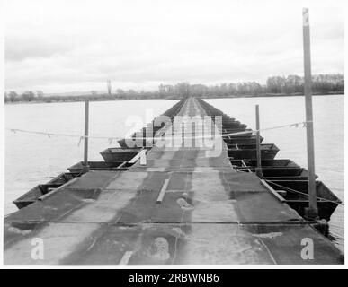 Amerikanische Ingenieure bauten während des Ersten Weltkriegs eine Pontonbrücke über den Rhein in Petersau. Diese aus schwimmenden Plattformen bestehende Brücke war eine wichtige logistische Infrastruktur, die es den Truppen und Vorräten ermöglichte, den Fluss effizient zu überqueren. Stockfoto