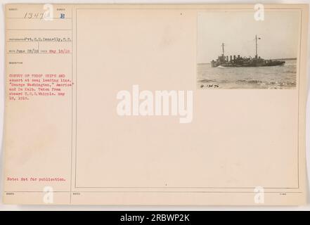 Überschrift: „USS Whipple (DD-217) begleitet einen Konvoi von Truppenschiffen auf See, einschließlich „George Washington“, „Amerika“ und „De Kalb“. An Bord der USS Whipple am 18. Mai 1918 während des 1. Weltkriegs Foto von Gefreiter C. D. Donnelly. Stockfoto