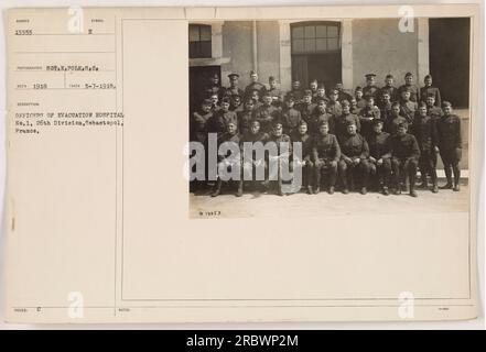 Offiziere des Evakuierungskrankenhauses Nr. 1, 26. Division, Sebastopol, Frankreich, versammelten sich am 7. Mai 1918 für ein Gruppenfoto. Dieses Bild zeigt die militärischen Aktivitäten während des Ersten Weltkriegs. Das Foto wurde von einem Fotografen namens Sotk Polk.S.C. aufgenommen und ist mit der Identifikationsnummer 13353 gekennzeichnet. Stockfoto