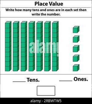 Platzieren Sie Werte in Zehner und Einsen. 10 Blocks. Und Einzelblöcke. Vektordarstellung isoliert auf weißem Hintergrund. Stock Vektor