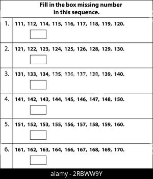 Geben Sie das Arbeitsblatt mit der fehlenden Zahl ein. Fehlende Zahlen. Füllen Sie das Feld aus. Mathematik auf weißem Hintergrund. Grafische Vektordarstellung. Grundkenntnisse für Kinder. Stock Vektor