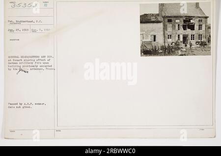 Das Foto, aufgenommen am 23. Januar 1919, zeigt die Folgen des deutschen Artilleriefeuers auf ein Gebäude, das zuvor von den Ardennen in Nouart, Prancs, besetzt war. Es wurde von Pvt. Brotherhood, S.C., für Hauptquartier 1. Div In dem Bild sind keine deutschen Soldaten zu sehen. Basierend auf den vorhandenen Notizen, wurde es wahrscheinlich von A.E.P. Zensoren zu einem unbekannten Datum übergeben." Stockfoto