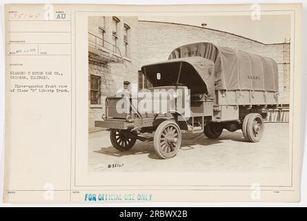 Die Abbildung zeigt eine dreiviertel-Vorderansicht eines Liberty Truck der Klasse B, aufgenommen am 3. April 1918. Der Lkw wird von der Diamond T Motor Car Co. Mit Sitz in Chicago, Illinois, hergestellt. Das Foto ist mit der offiziellen Verwendung und der U.S.Q.M.C. gekennzeichnet (US Quartermaster Corps) Informationen. Stockfoto