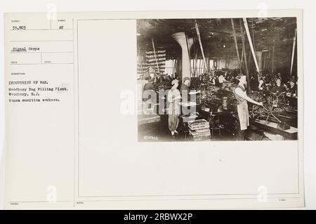 Ein Foto von weiblichen Munitionsarbeiterinnen in der Woodbury Bag Filling Plant in Woodbury, New Jersey. Dieses Bild ist Teil der BEC'D-Sammlung des Signalkorps und wurde im Ersten Weltkrieg aufgenommen. Die Frauen arbeiten fleißig und tragen zu den Kriegsbemühungen bei. Stockfoto