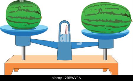 Waage Wassermelone klein und groß und Wassermelone. Waagen im Gleichgewicht, ein Ungleichgewicht der Waagen. vektordarstellung. Auf weißem Hintergrund. Stock Vektor