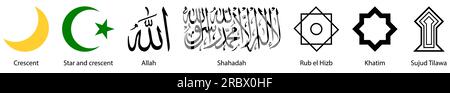 Eine Reihe von Symbolen des Islam. Crescent, Star und Crescent, Allah, Shahadah, Rub el Hizb, Khatim, Sujud Tilawa. Vektordarstellung Stock Vektor