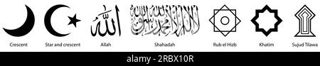 Symbole des Islam gesetzt. Crescent, Star und Crescent, Allah, Shahadah, Rub el Hizb, Khatim, Sujud Tilawa-Vektordarstellung Stock Vektor