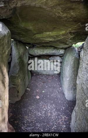 Eine Grabkammer in Waylands Smithy Neolithic Long Barrow auf dem Ridgeway, Oxfordshire, Großbritannien Stockfoto