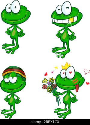 Illustration eines Sets süßer grüner Frosch-Zeichentrickfilme Stock Vektor