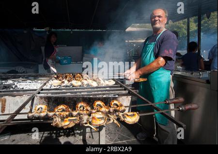 Tintenfisch und Aal auf der Spieße, typisches sardinisches Rezept, Festmahl von Santa Vitalia, Serrenti, Campidano, Sardinien, Italien, Europa, Stockfoto