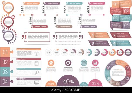 Infografik-Set Elemente - Kreis Timeline, Statusanzeigen, Diagramm, Diagramm mit Prozenten, Design-Vorlagen mit Zahlen (Schritte oder Optionen) ein Stock Vektor